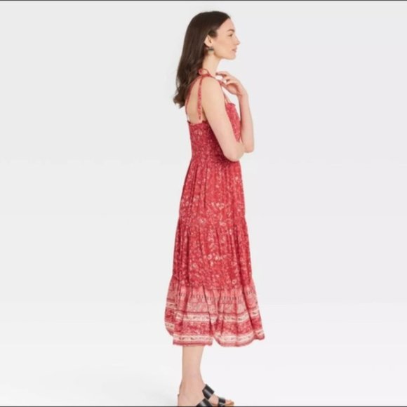 Knox Rose | Floral Smocked Tie-Strap Tiered Ruffle Red Midi Dress NWT | M - Picture 12 of 12